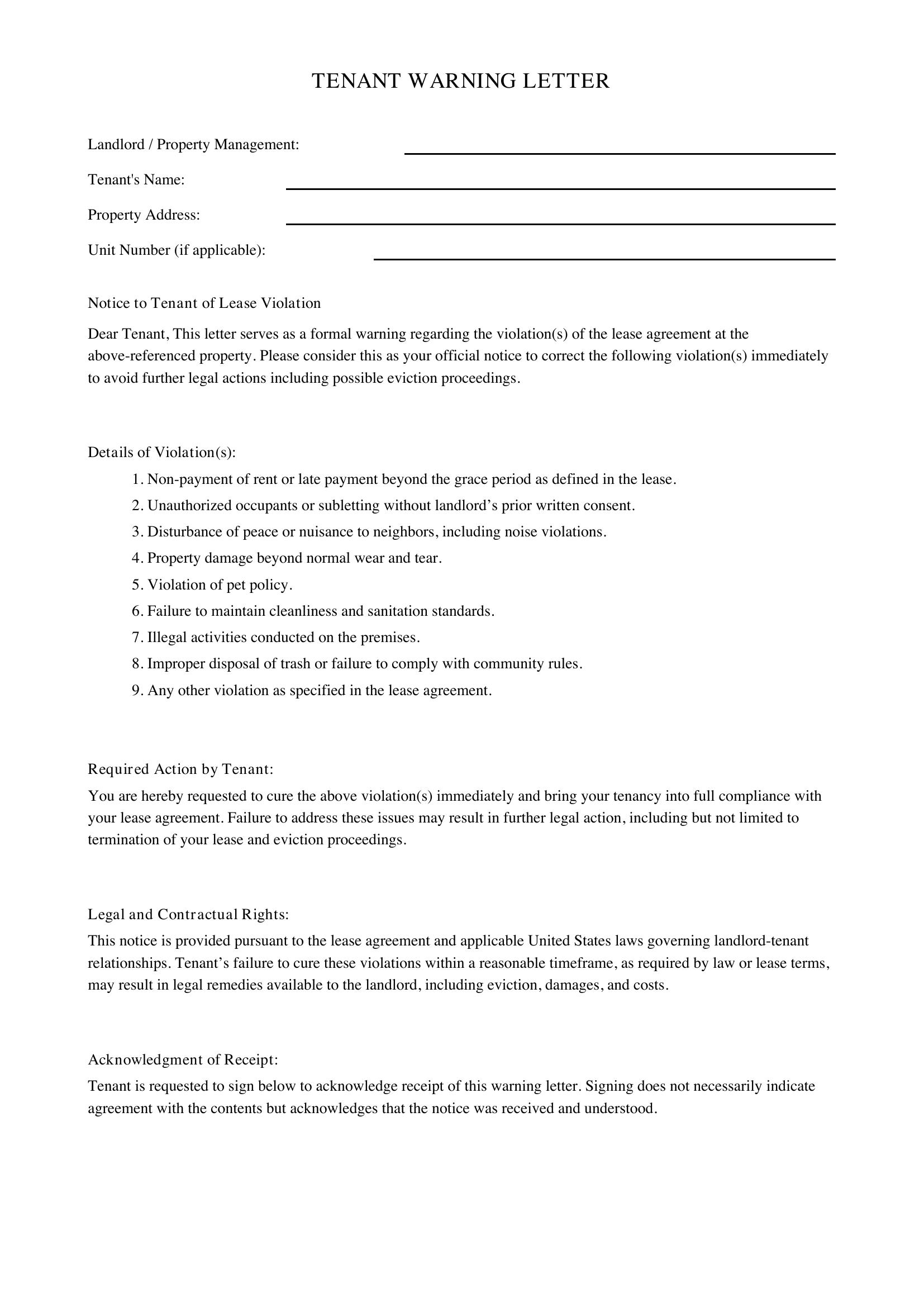 Tenant Warning Letter Template - US