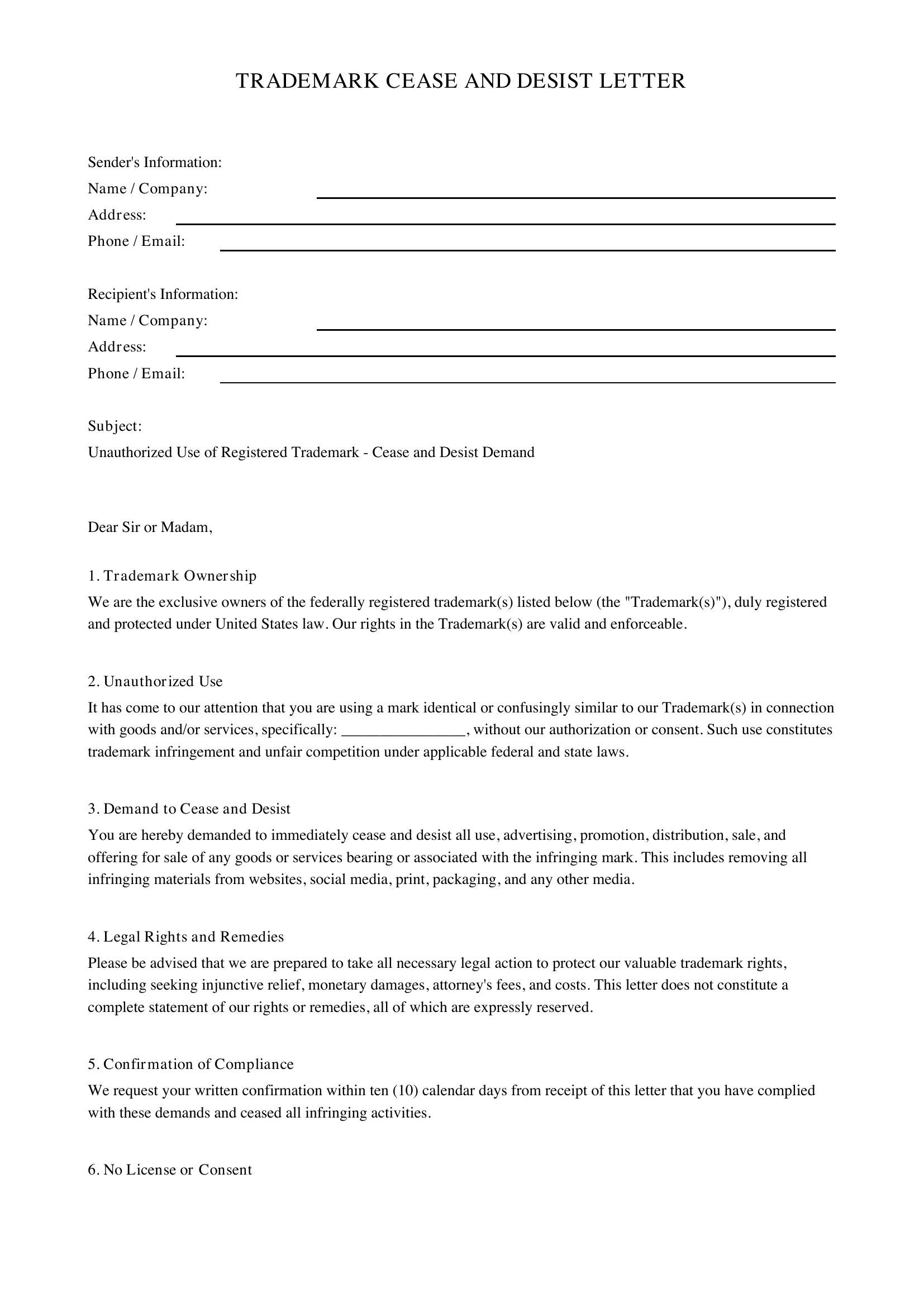 Trademark Cease And Desist Letter Template - US