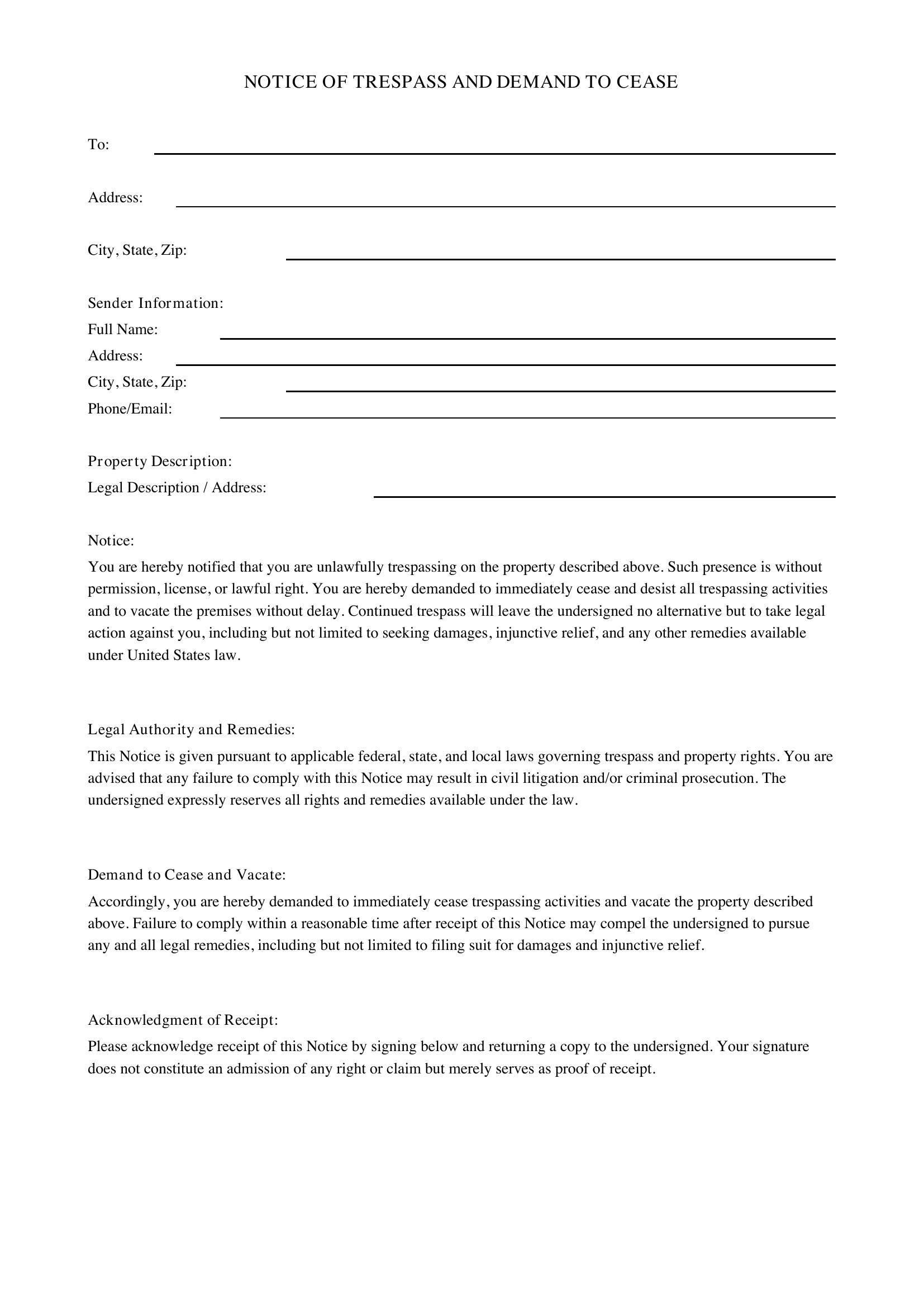 Trespass Letter Template - US