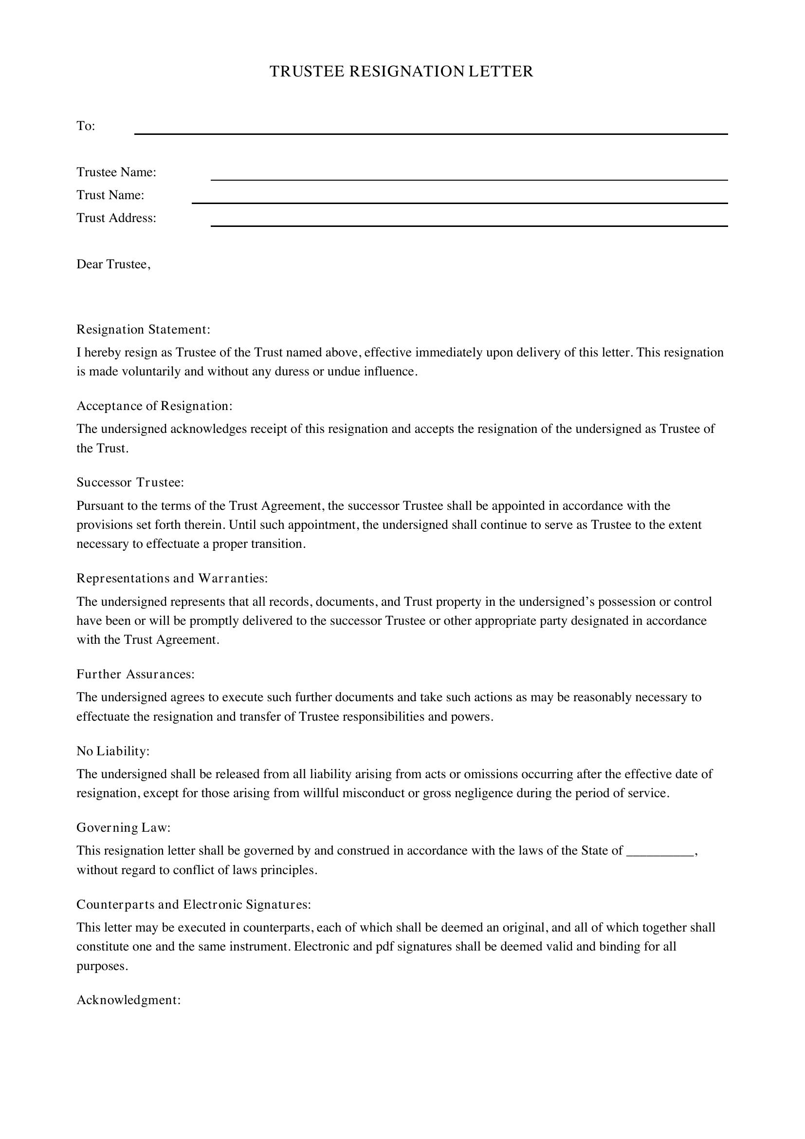 Trustee Resignation Letter Template - US