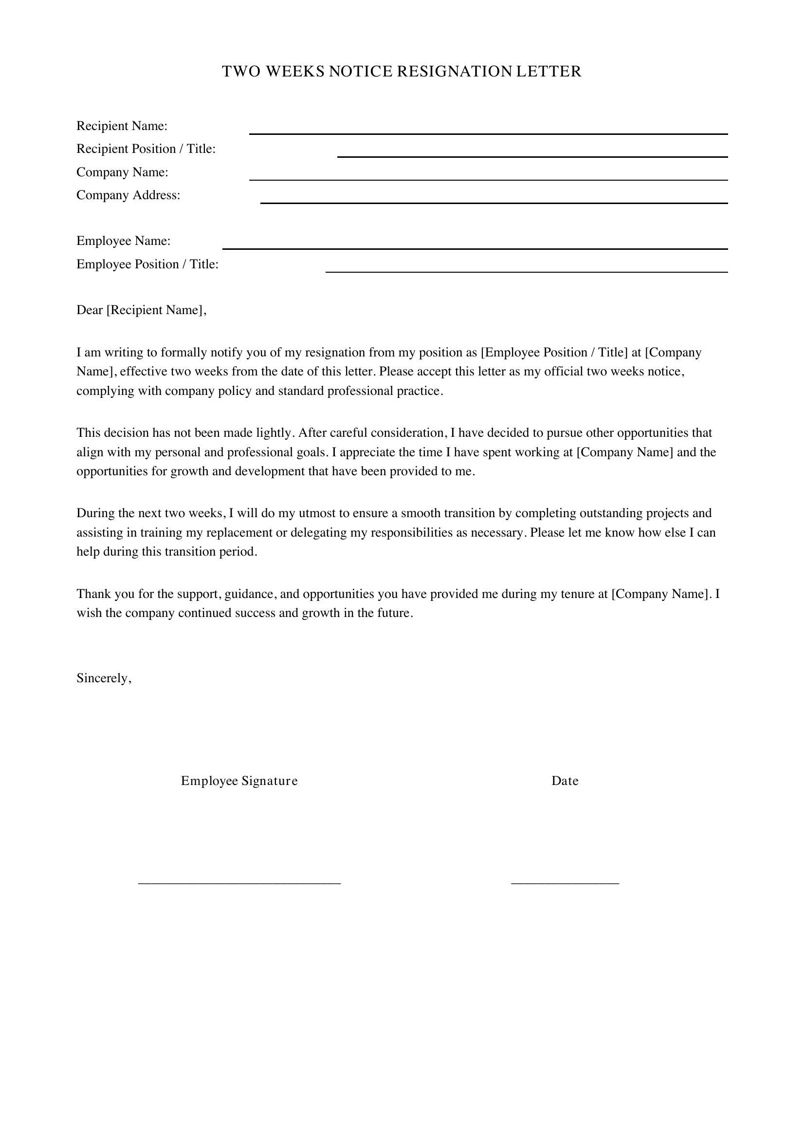 Two Weeks Notice Resignation Letter Template - US