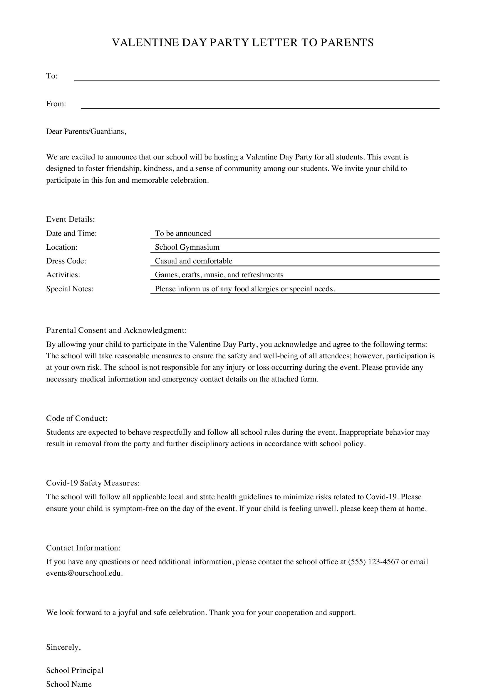 Valentine Day Party Letter To Parents Template - US