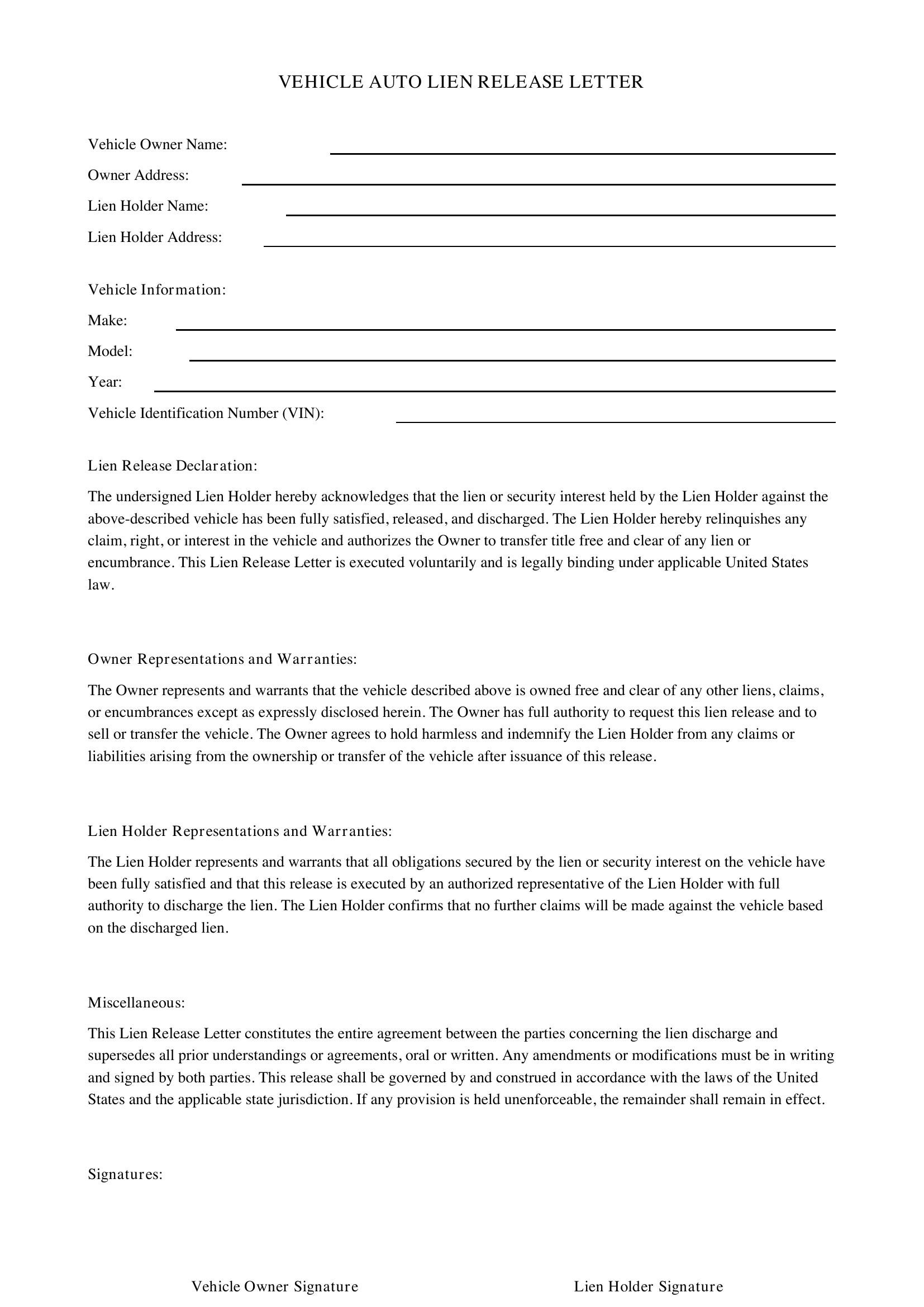 Vehicle Auto Lien Release Letter Template - US