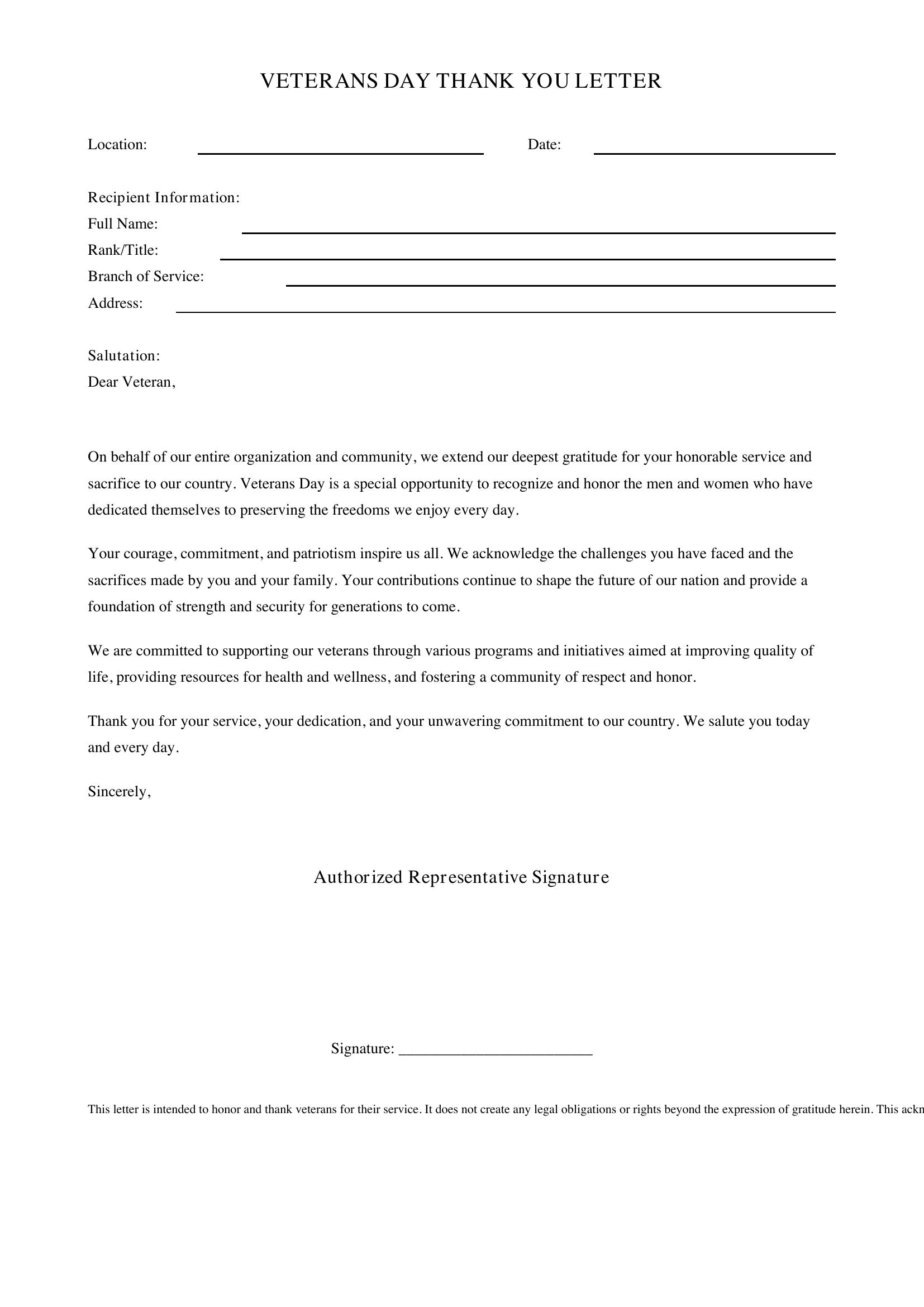 Veterans Day Thank You Letter Template - US