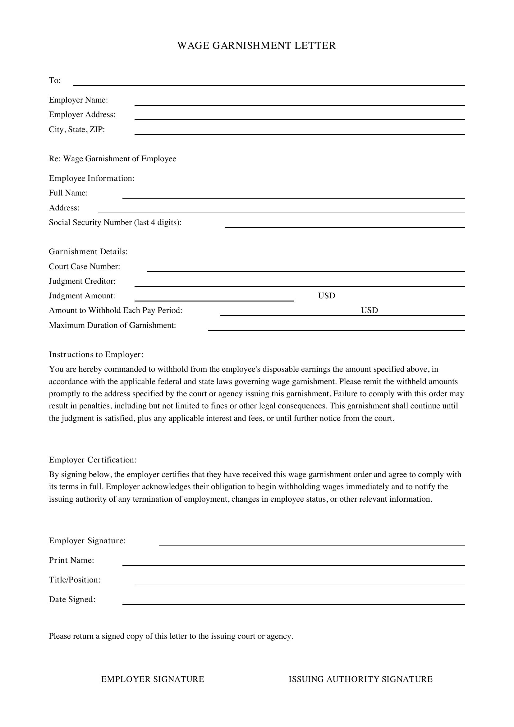 Wage Garnishment Letter Template - US