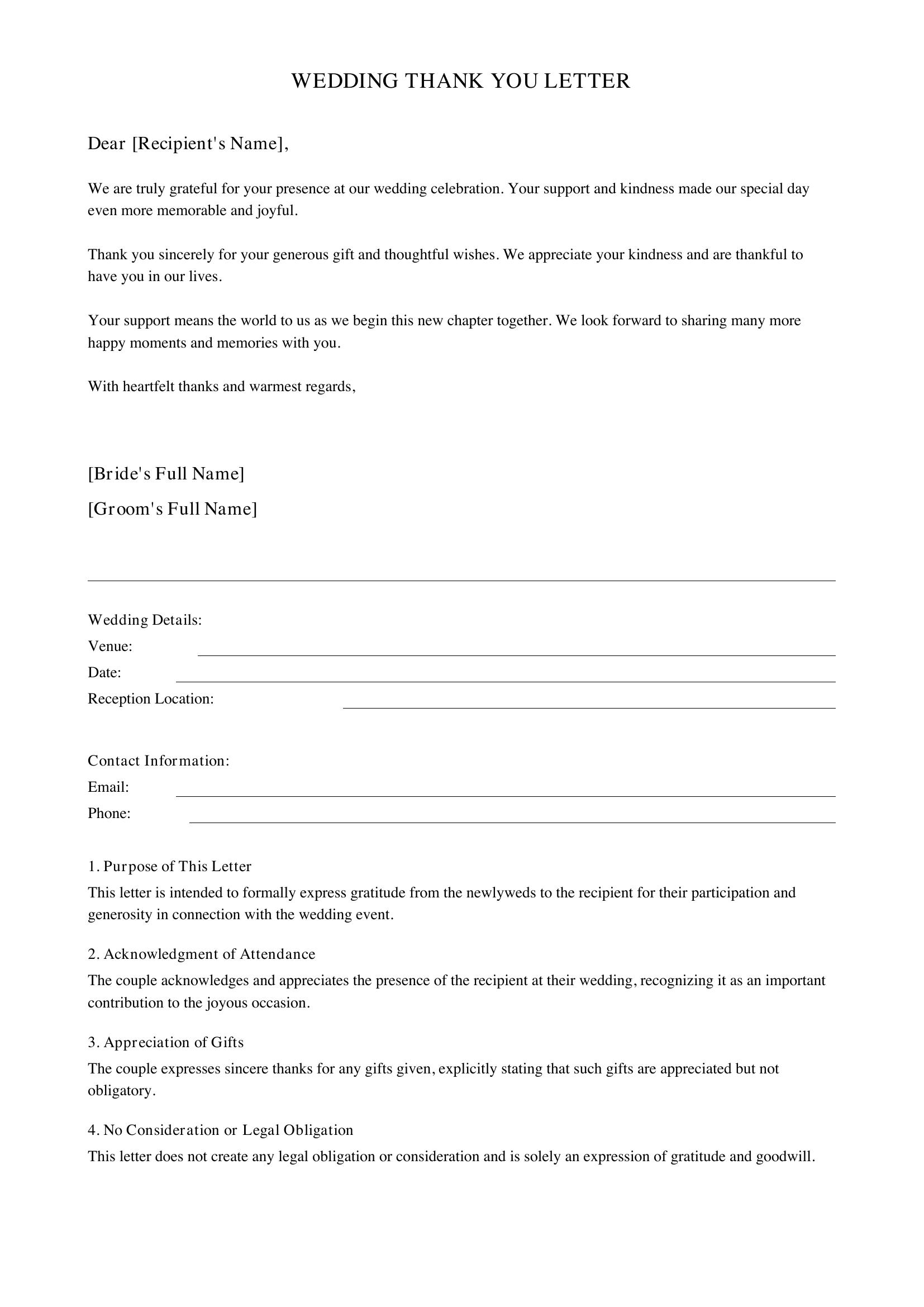 Wedding Thank You Letter Template - US