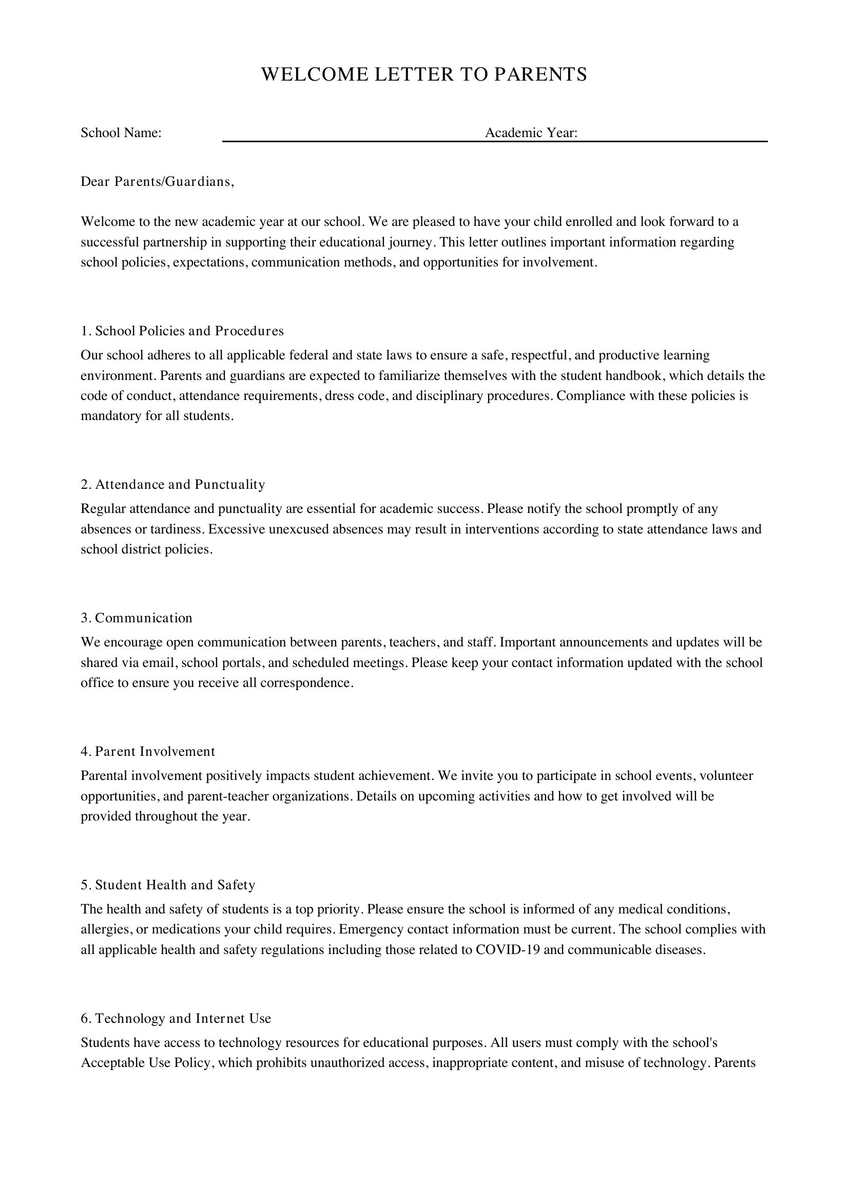 Welcome Letter To Parents Template - US