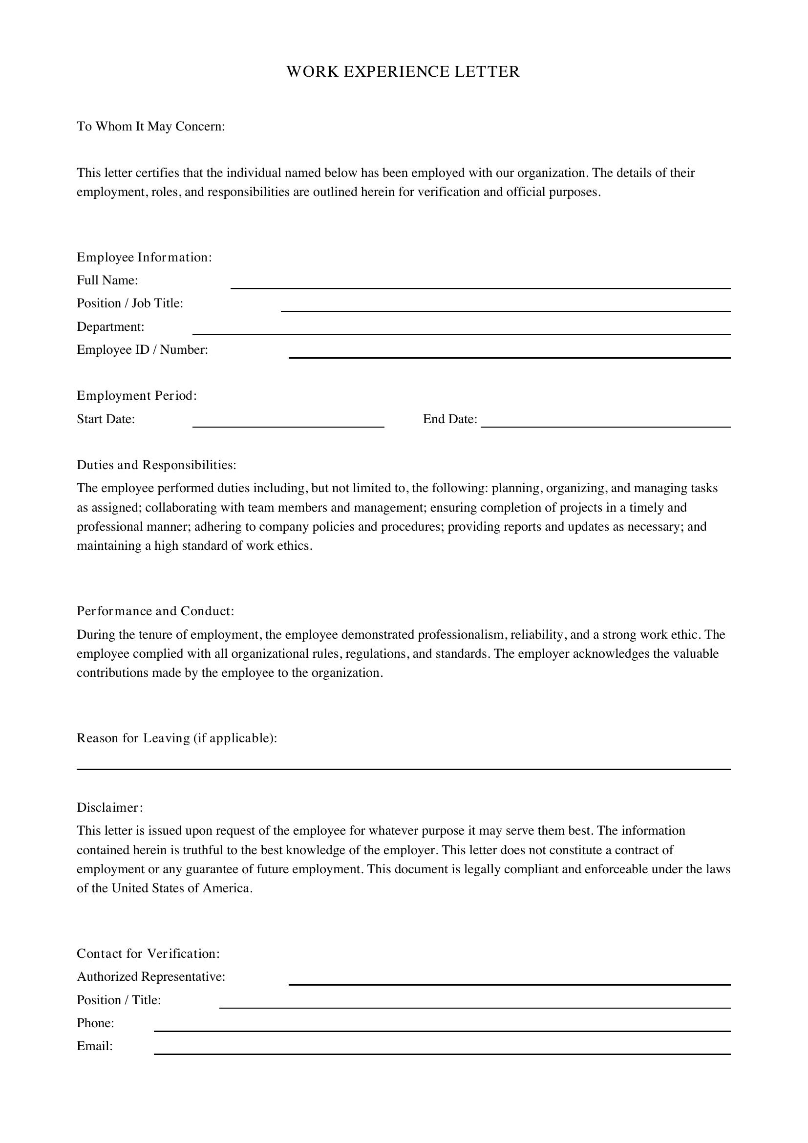 Work Experience Letter Template - US