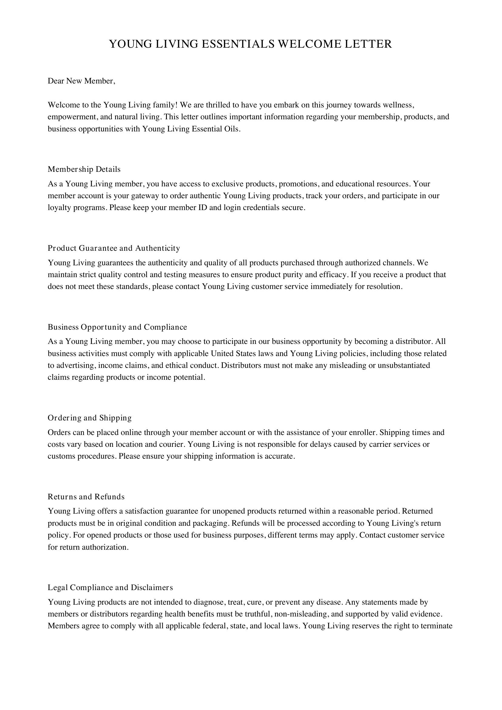 Young Living Welcome Letter Template - US