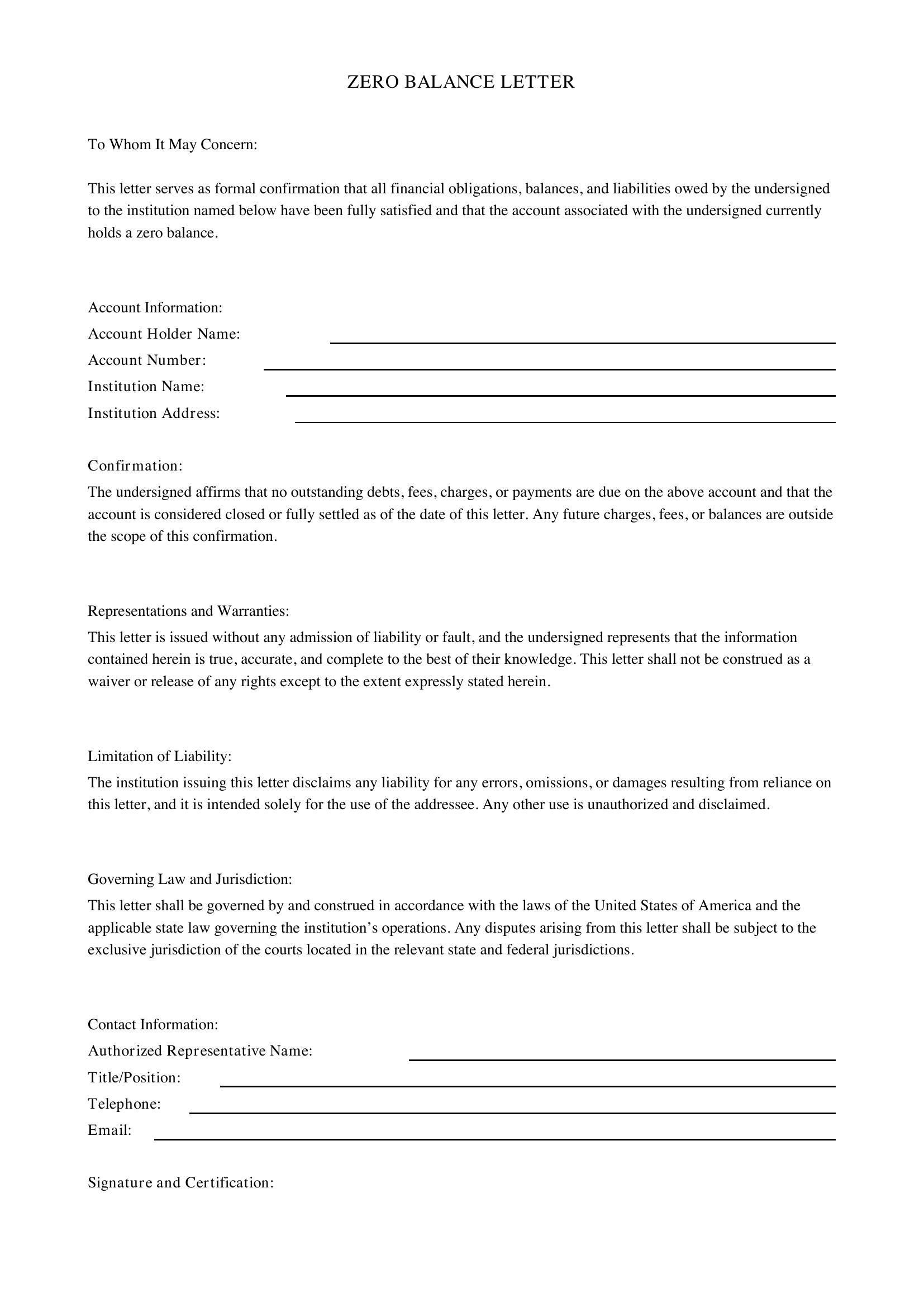 Zero Balance Letter Template - US